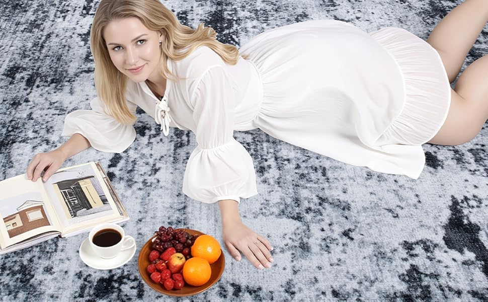 5x7 Area Rug Living Room Rug: Washable Modern Abstract Soft Thin Rug Indoor Floor No Slip Stain Resistant Carpet for Bedroom Dining Room Farmhouse Nursery Home Office - Black