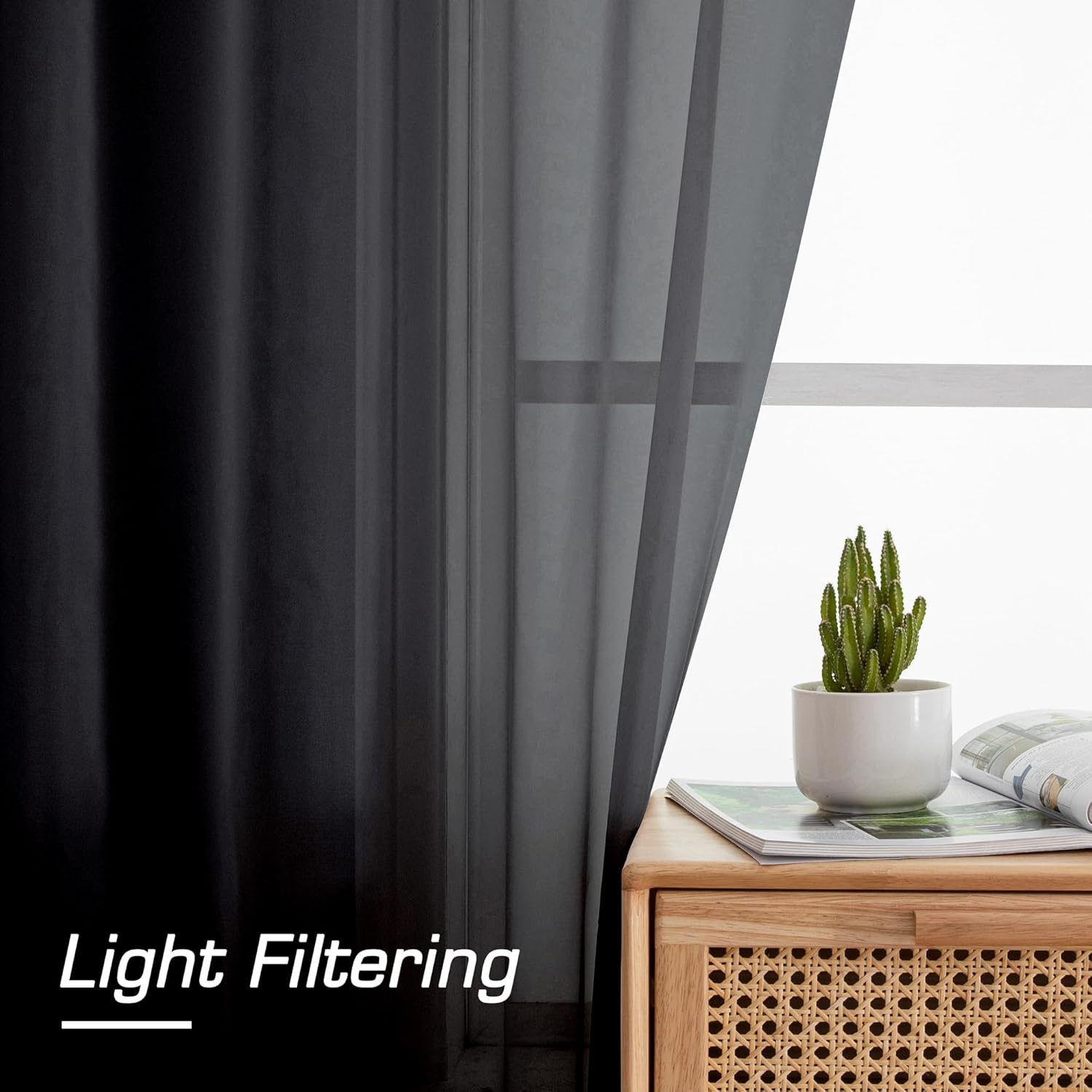 Black Sheer Curtains 63 Inch Length 2 Panels, Rod Pocket Solid Color Window Sheer Curtain Panels, Elegant Curtains & Drapes for Living Room, Bedroom 2 Panels (Black, 42" W x 63" L)