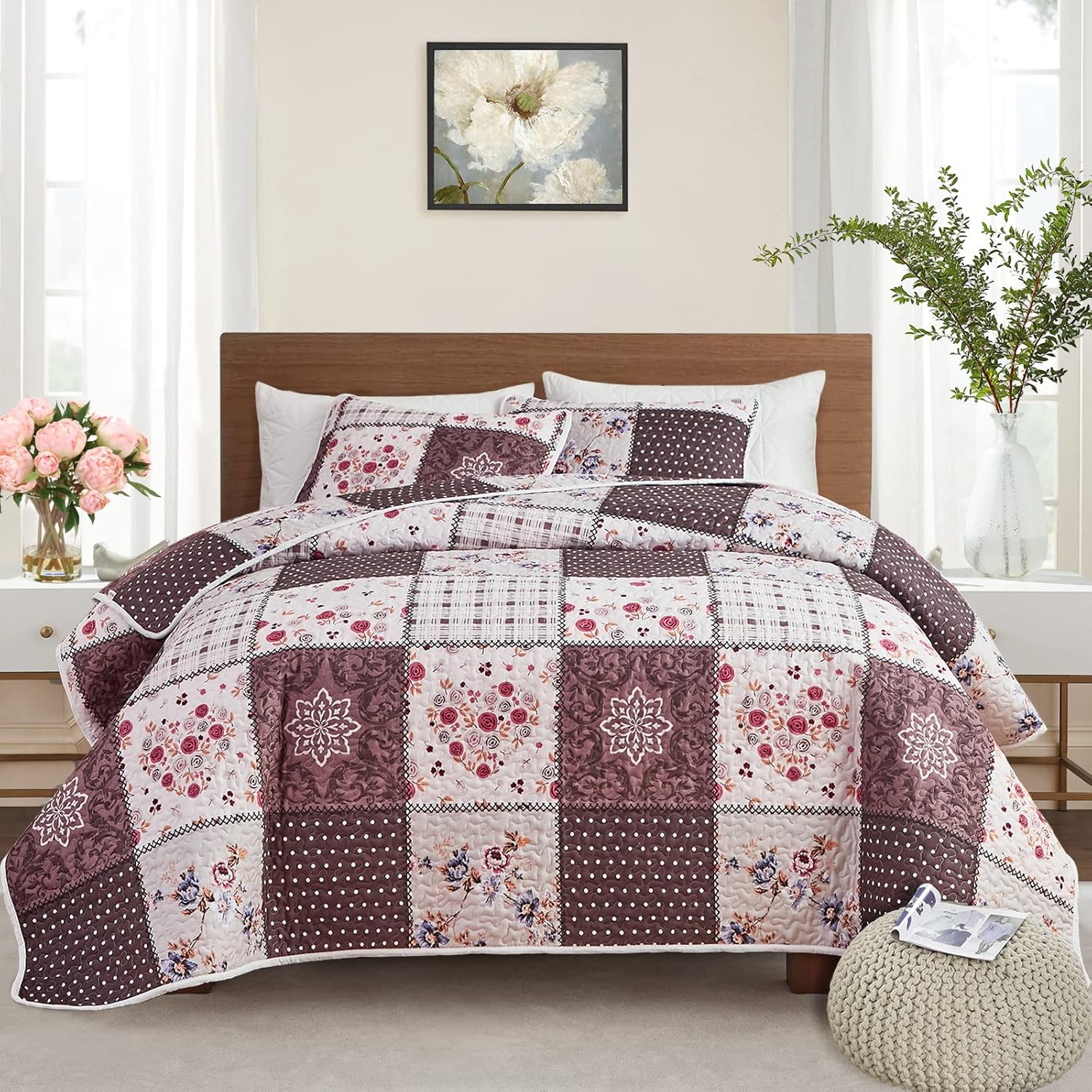 Quilt Set Full/Queen Size, 3 Pieces Green Floral Plaid Summer Bedspread Coverlet Set, Soft Microfiber Reversible Lightweight Bed Cover for All Season (90" x 90", 1 Quilt+ 2 Pillow Shams)