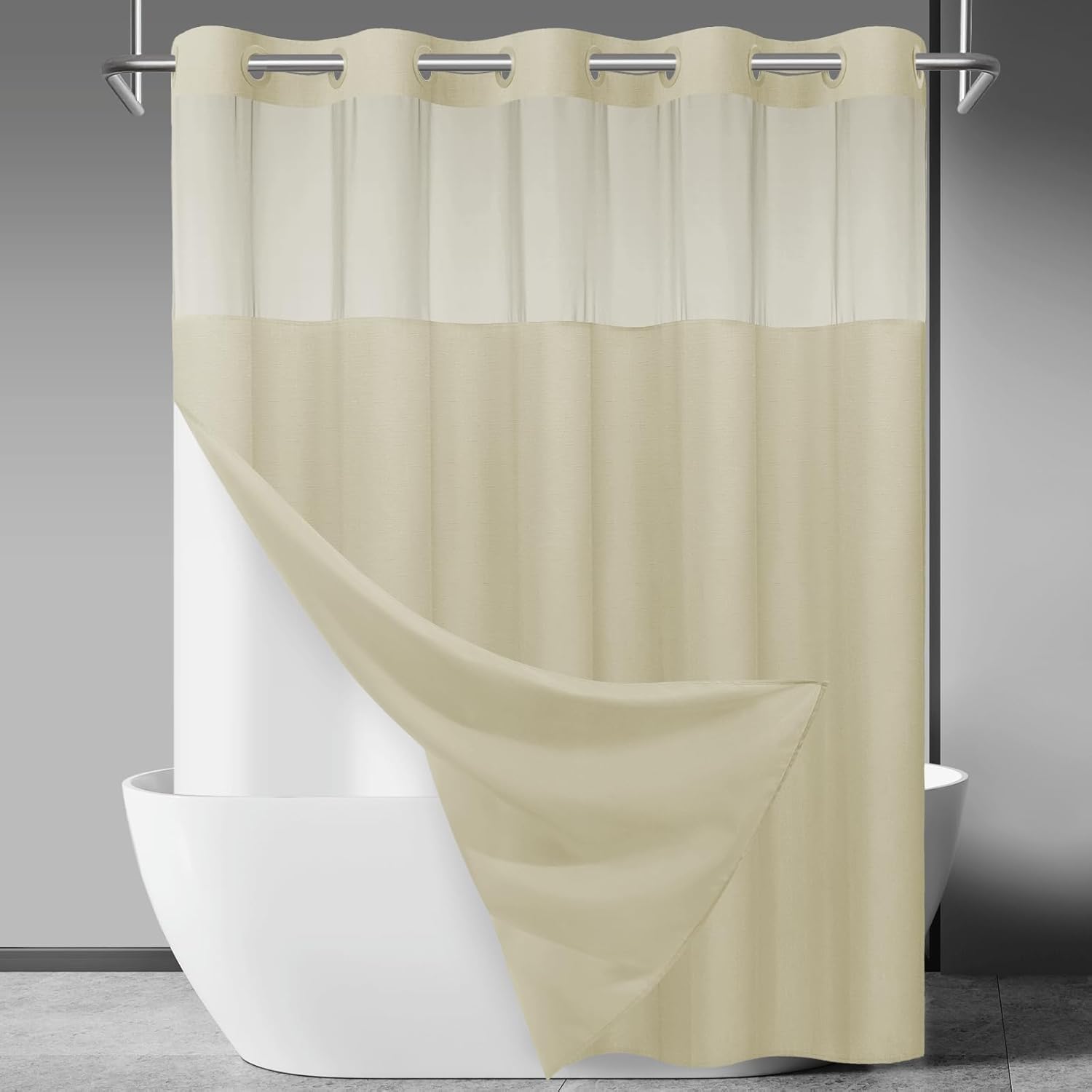 No Hook Slub Textured Shower Curtain with Snap in Liner - Black Fabric Outer Curtain & Waterproof Inner Liner, Hotel Style with See Through Top Window, 71x74 in