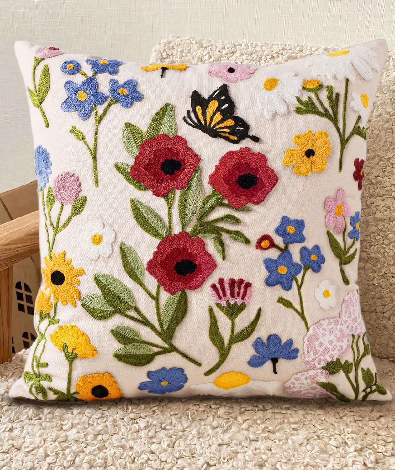 Embroidered Throw Pillow Cover 18x18 Inch - Spring Summer Boho Decorative Pillow Cover with Zipper for Living Room Couch Sofa Bed Aesthetic Design Flower Cluster Cushion Pillowcase