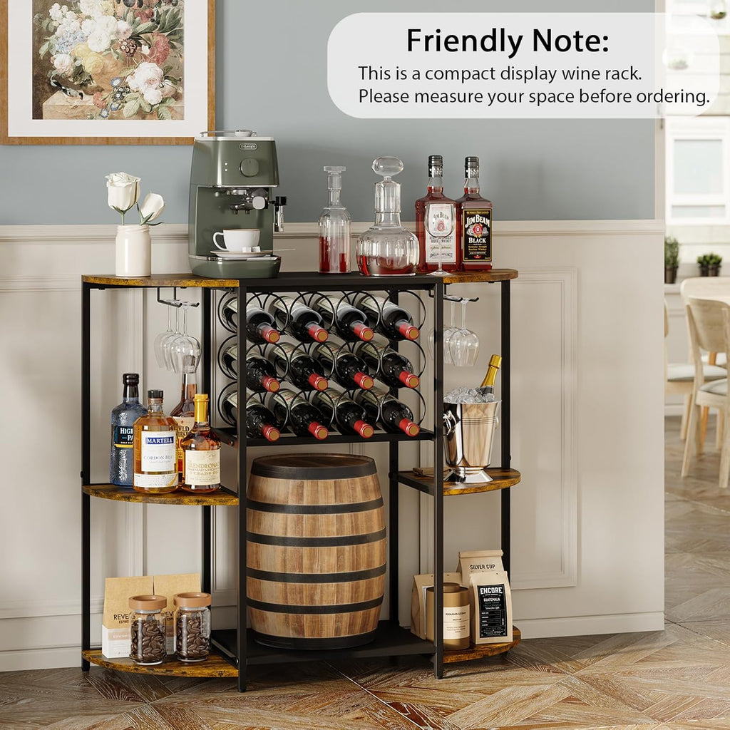 JKsmart Wine Bar Cabinet with LED Lights, Mini Wine Bar Cart with Storage and Glass Holder, Home Bar Coffee Bar for Liquor, 3-Tier Bar Table for Kitchen, Dining Room, Living Room, Black