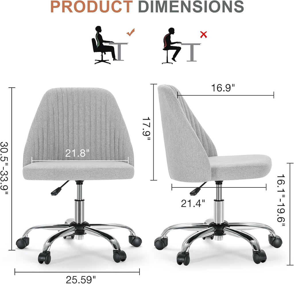 Office Chair, Comfy Desk Chair Rolling Vanity Swivel Task Chairs with Wheels, Wide Seating Armless Height Adjustable Computer Chairs for Home,Bedroom,Student,Adults, Classic Grey