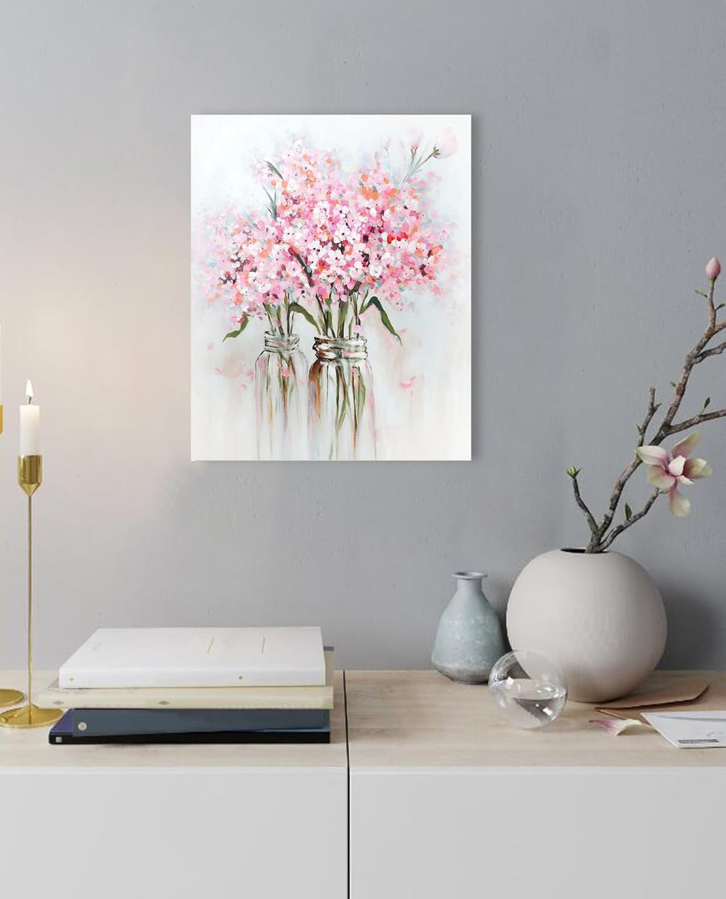 Pink Flowers Canvas Wall Art: Abstract Bouquet in Vase Artwork Prints for Teen Girl Bedroom Pink Floral Picture Poster Bathroom Decor 12" x 15"