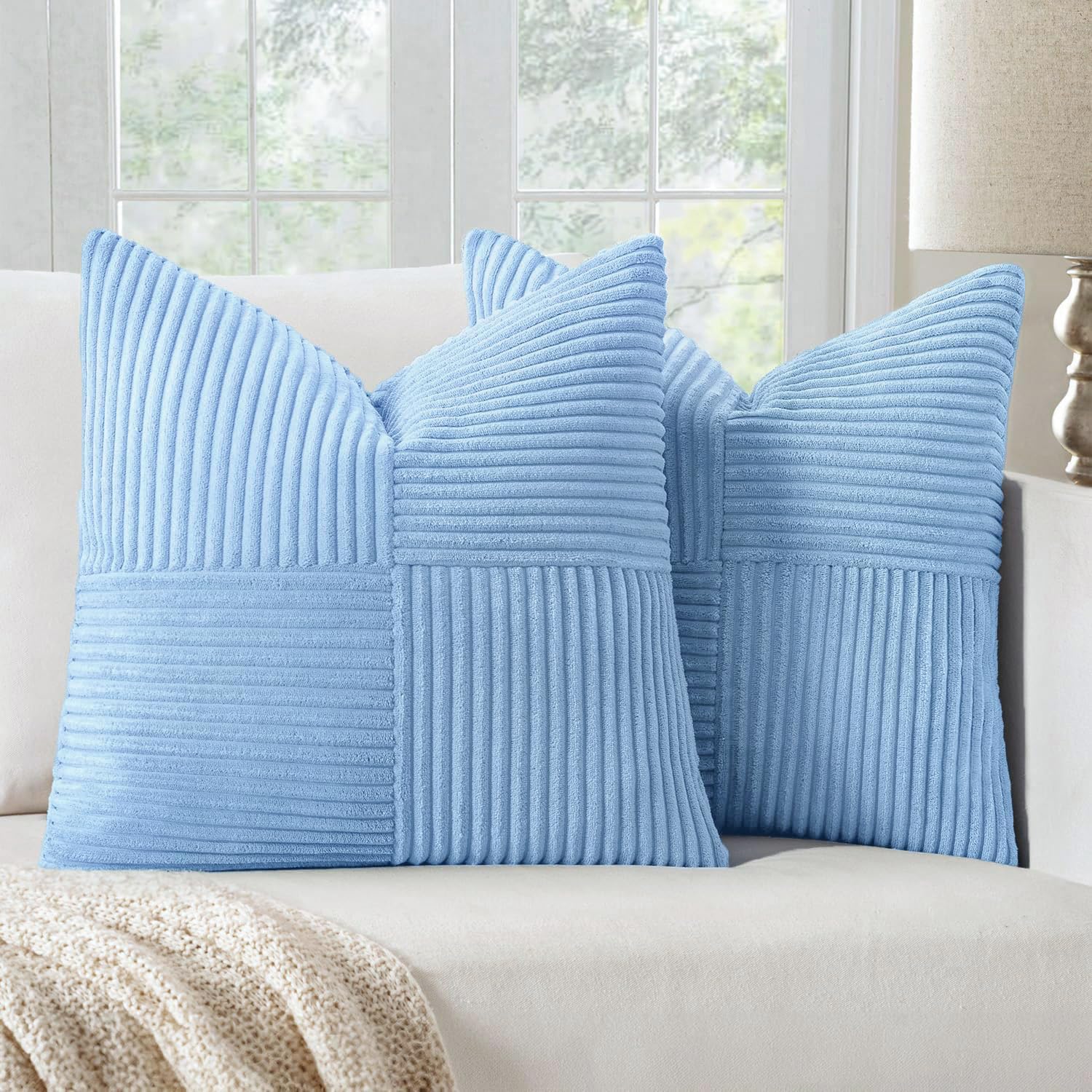 Black Decorative Throw Pillow Covers 18x18 Inch for Couch Bed Sofa Pack of 2 Boho Farmhouse Throw Pillows Soft Cross Corduroy Patchwork Textured Cushion Cases