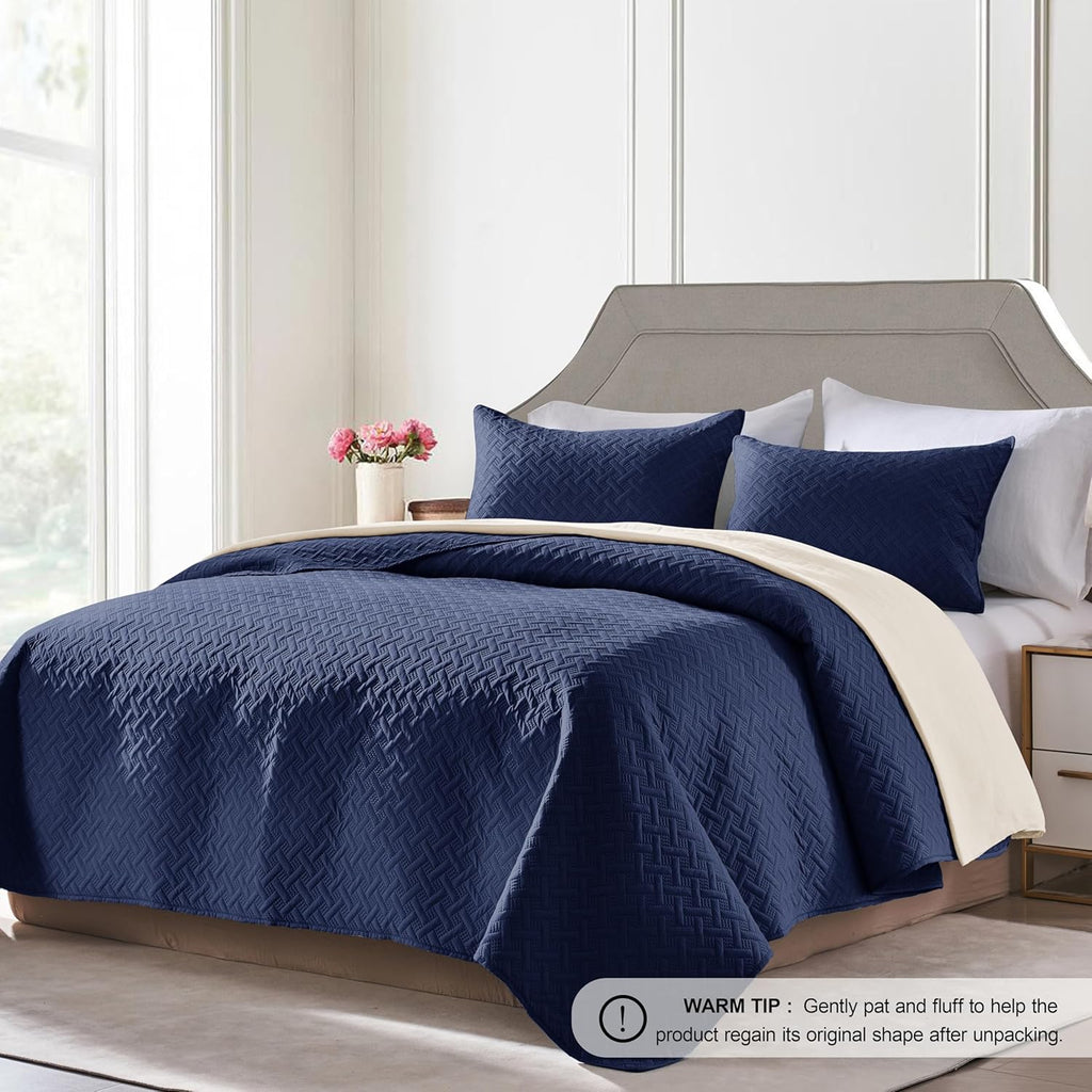 Quilts Queen Size - Ultra Soft Navy Blue Quilt Lightweight Microfiber Bedspreads, Classic Basket Weave Pattern Bedspread Bed Coverlet 3 Pieces for All-Season (1 Quilt, 2 Pillow Shams) | Breathable material, Easy care