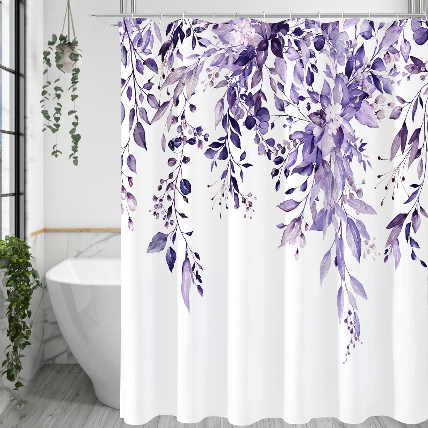 Grey Eucalyptus Shower Curtain, Watercolor Plant Leaves with Floral Bathroom Shower Curtain Set, Gray White, 72x72